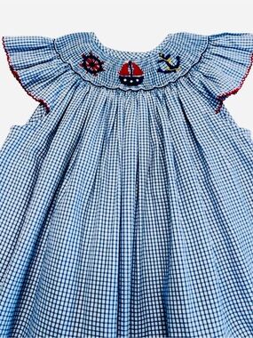 Be Mine Smocked Nautical Girls Bishop Blue/White Dress Sz.6